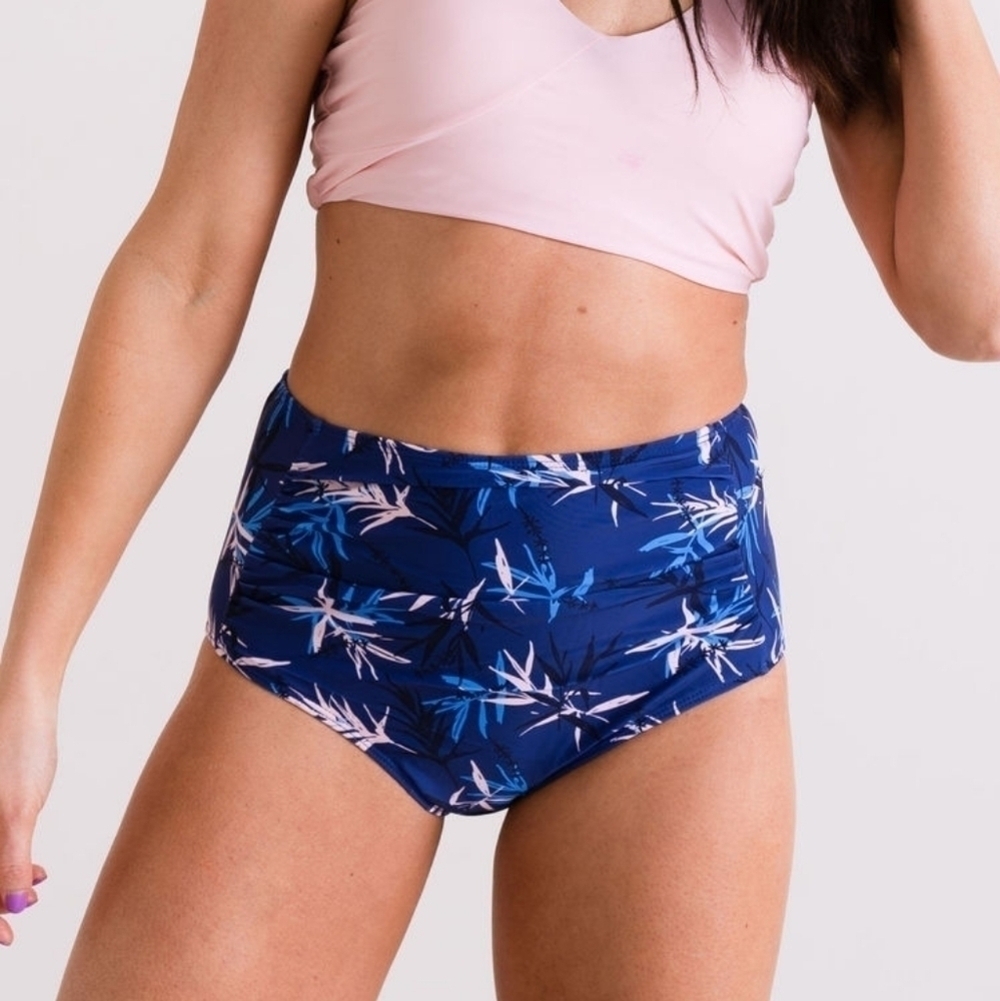 High Waist Ruched Swimsuit Bottom Blue Palm